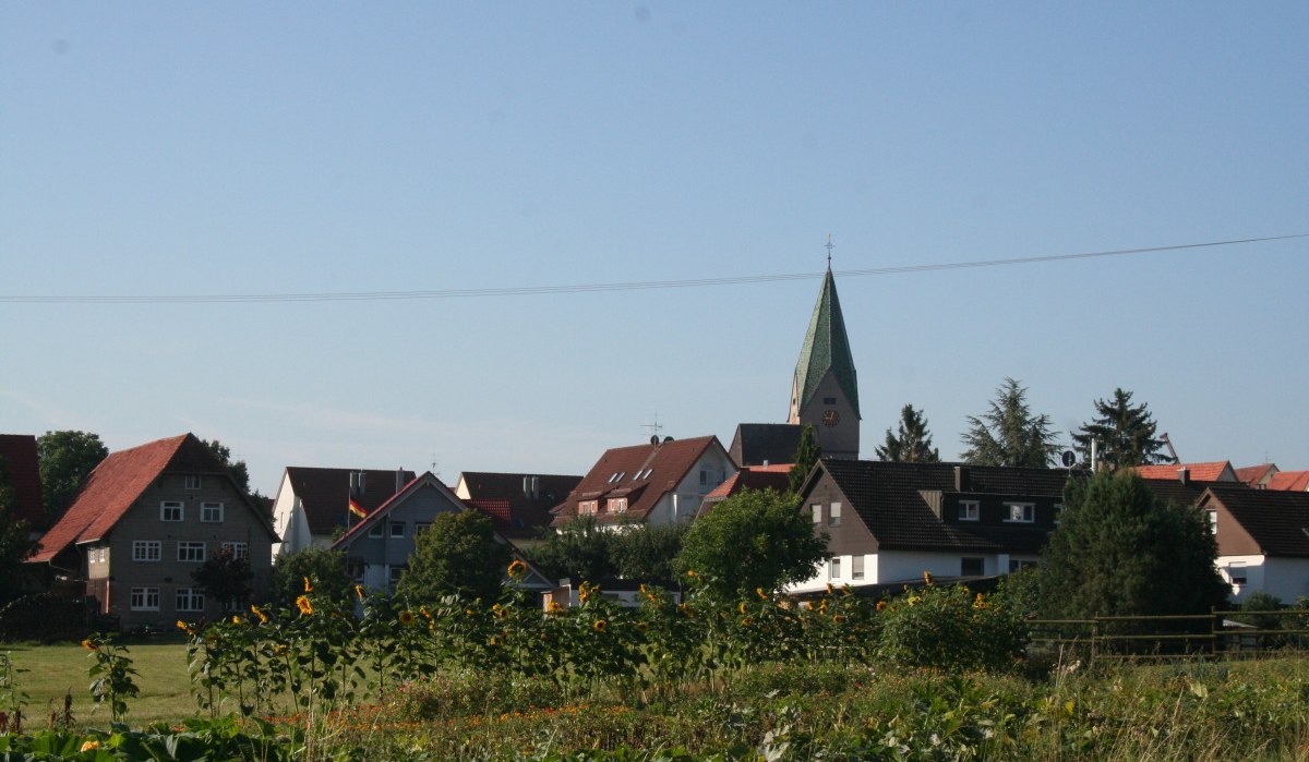 Häuser und eine Kirche in Hildrizhausen, umgeben von grünen Feldern und Sonnenblumen unter klarem Himmel., © Natur.Nah. Schönbuch & Heckengäu Häuser und eine Kirche in Hildrizhausen, umgeben von grünen Feldern und Sonnenblumen unter klarem Himmel., © Natur.Nah. Schönbuch & Heckengäu
