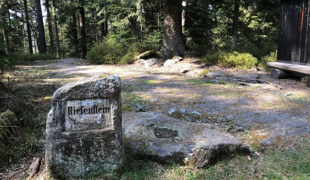 Ein Waldweg mit einem markanten Stein, auf dem 'Riesenstein' steht. Im Hintergrund sind Bäume und eine Holzhütte zu sehen., © Nördlicher Schwarzwald Ein Waldweg mit einem markanten Stein, auf dem 'Riesenstein' steht. Im Hintergrund sind Bäume und eine Holzhütte zu sehen., © Nördlicher Schwarzwald