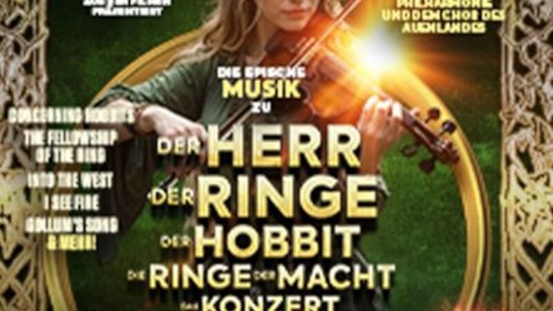 Plakat f&uuml;r ein Konzert mit Musik aus 'Der Herr der Ringe' und 'Der Hobbit'. Eine Frau mit Elfenohren spielt Geige. Text beschreibt das Event und K&uuml;nstler., &copy; Star Entertainment GmbH