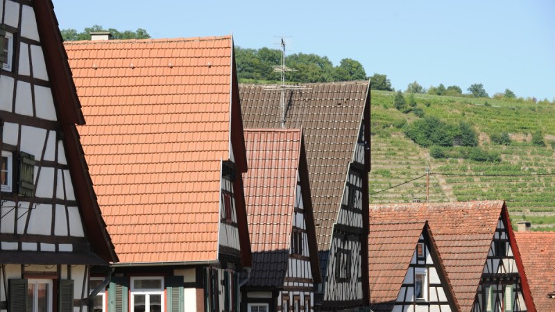 Fachwerkhäuser mit roten Ziegeldächern in Roßwag, im Hintergrund grüne Weinberge unter blauem Himmel., © Land der 1000 Hügel - Kraichgau-Stromberg Fachwerkhäuser mit roten Ziegeldächern in Roßwag, im Hintergrund grüne Weinberge unter blauem Himmel., © Land der 1000 Hügel - Kraichgau-Stromberg