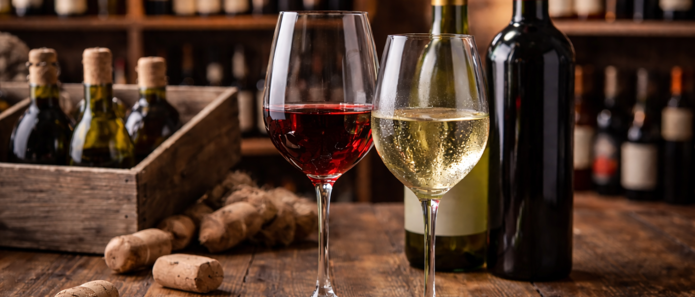 Weingl&auml;ser und Flaschen in einer Weinhandlung, &copy; KI-generiertes Bild