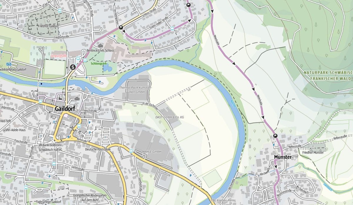 BikeTouren - Umleitung während Sperrung der Kocherbrücke B19 bei Münster, © OpenStreetMap
