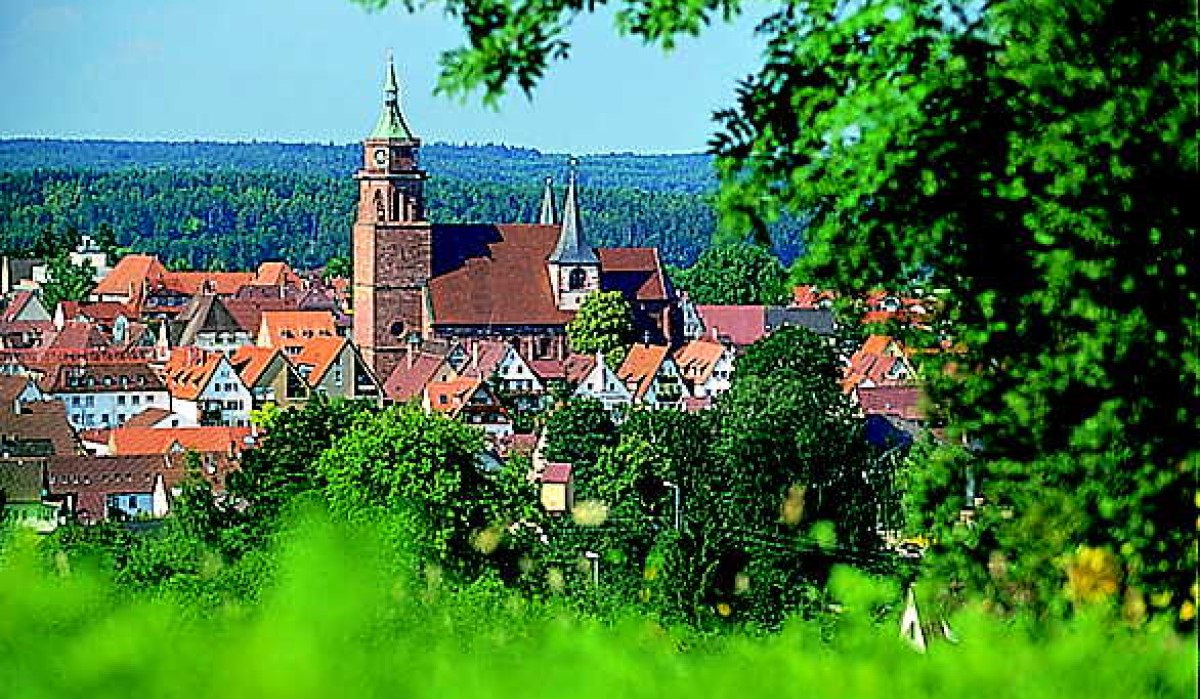 Stadtansicht mit Kirche und roten Dächern, umgeben von grünen Bäumen und Wald im Hintergrund., © Natur.Nah. Schönbuch & Heckengäu Stadtansicht mit Kirche und roten Dächern, umgeben von grünen Bäumen und Wald im Hintergrund., © Natur.Nah. Schönbuch & Heckengäu