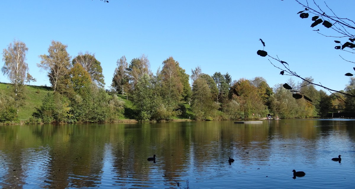 Ein See mit Enten und Bäumen im Hintergrund unter einem klaren blauen Himmel. Zweige ragen ins Bild., © Nürtingen - Stuttgart-Marketing GmbH Ein See mit Enten und Bäumen im Hintergrund unter einem klaren blauen Himmel. Zweige ragen ins Bild., © Nürtingen - Stuttgart-Marketing GmbH