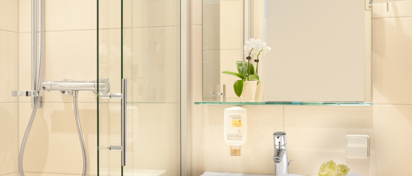 Modernes Badezimmer mit Glasdusche, Waschbecken, Handtüchern und Föhn. Eine Orchidee steht auf dem Regal über dem Waschbecken., © TOMAS