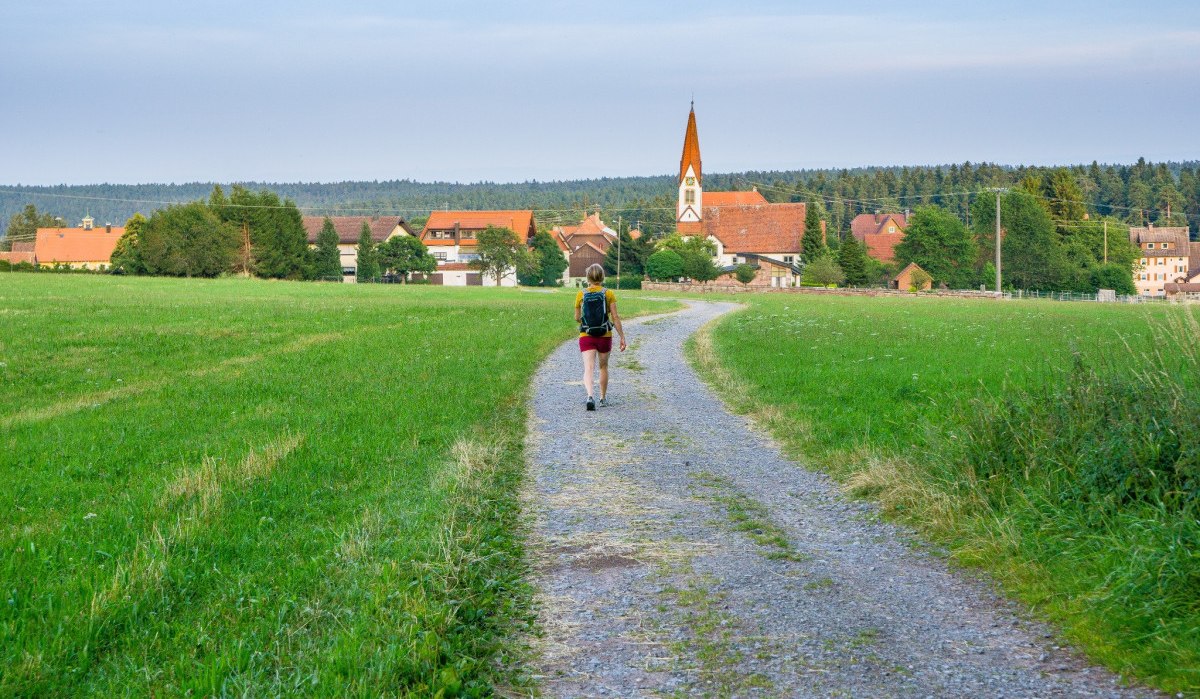 Eine Person wandert auf einem Feldweg durch grüne Wiesen in Richtung des Dorfes Aichelberg mit seinem markanten Kirchturm., © Nördlicher Schwarzwald Eine Person wandert auf einem Feldweg durch grüne Wiesen in Richtung des Dorfes Aichelberg mit seinem markanten Kirchturm., © Nördlicher Schwarzwald