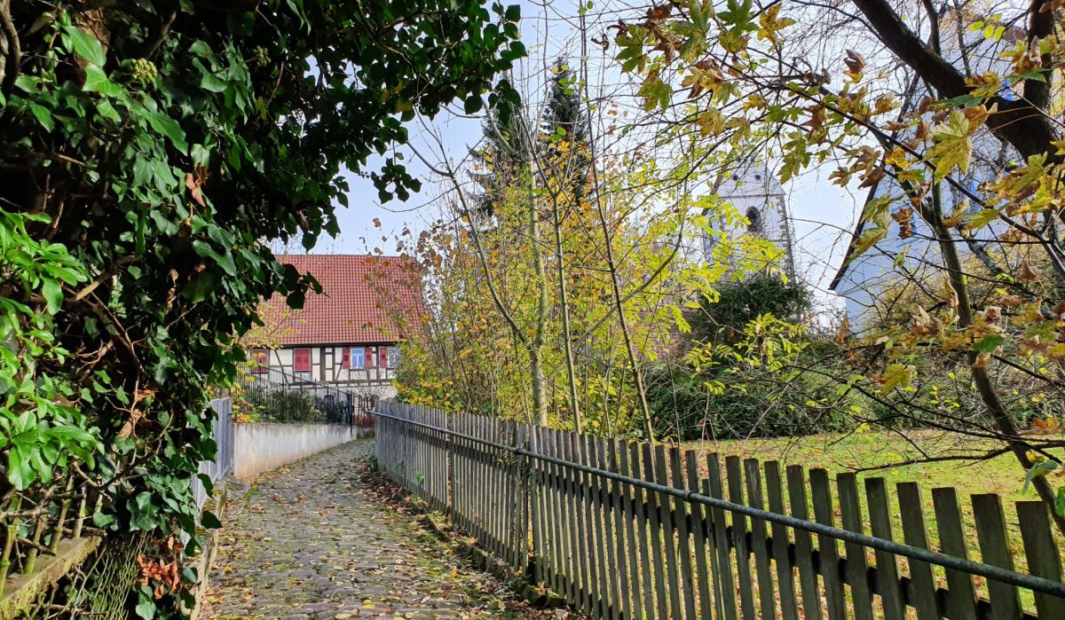 Ein gepflasterter Weg führt durch eine grüne Umgebung zu einem Fachwerkhaus und einem Kirchturm. Herbstliche Blätter und ein Holzzaun säumen den Weg., © Kulturamt Plochingen