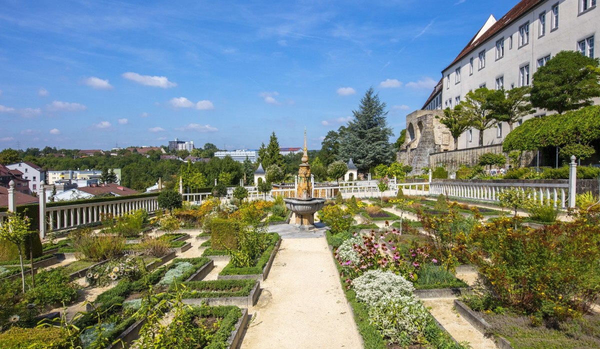 Ein gepflegter Garten mit symmetrischen Blumenbeeten und einem zentralen Brunnen, umgeben von historischen Gebäuden und Bäumen unter blauem Himmel., © Stuttgart Marketing GmbH Achim Mende