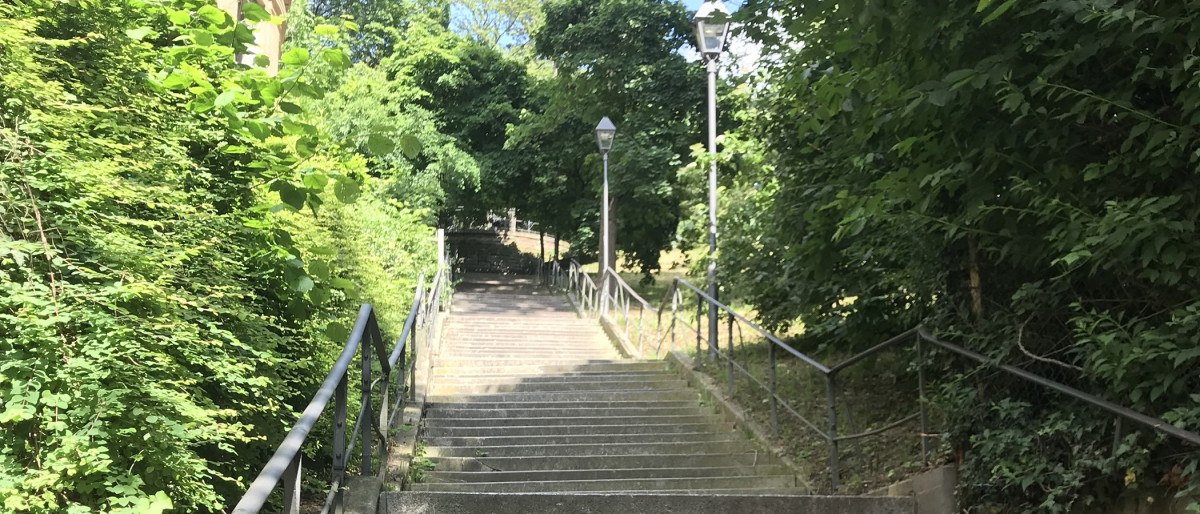 Lange Treppe im Freien, umgeben von dichtem Grün und Bäumen, mit Laternen entlang des Weges., © Stuttgart-Marketing GmbH Lange Treppe im Freien, umgeben von dichtem Grün und Bäumen, mit Laternen entlang des Weges., © Stuttgart-Marketing GmbH