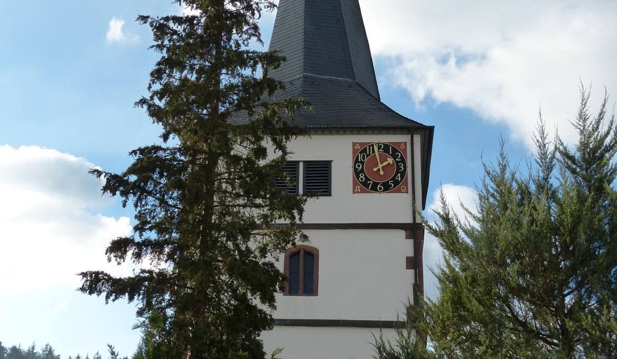 Turm der Martinskirche Döffingen mit Uhr und spitzem Dach, umgeben von Bäumen und blauem Himmel., © Natur.Nah. Schönbuch & Heckengäu