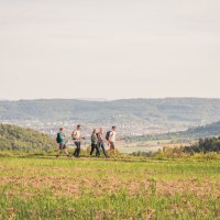 F&uuml;nf Wanderer auf einem H&ouml;henweg mit Blick auf eine weite, gr&uuml;ne Landschaft und H&uuml;gel im Hintergrund.