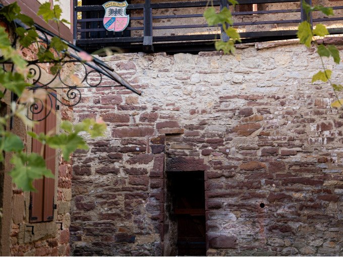 Eine alte Steinmauer mit einem kleinen Torbogen und einem Wappen dar&uuml;ber. Im Vordergrund sind gr&uuml;ne Bl&auml;tter zu sehen., &copy; Stadtverwaltung Weil der Stadt