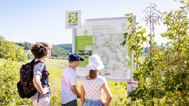 Drei Personen stehen vor einer Wandertafel der Löwenpfade in einer sonnigen, grünen Landschaft., © TMBW Drei Personen stehen vor einer Wandertafel der Löwenpfade in einer sonnigen, grünen Landschaft., © TMBW