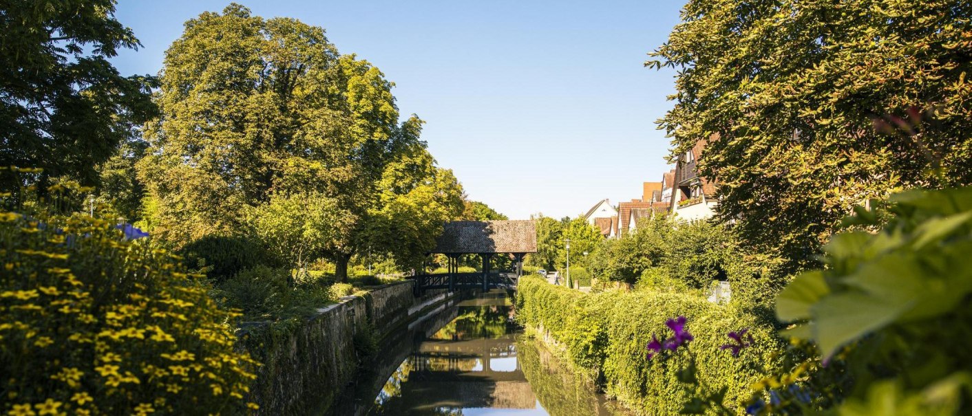 Ein idyllischer Garten mit einem Fluss, umgeben von Bäumen und Blumen, unter einem klaren blauen Himmel., © Stuttgart-Marketing GmbH, Sarah Schmid