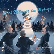 Drei Männer stoßen mit einem Schneemann im Mondschein an. Der Schneemann trägt einen Zylinder und hat eine Karottennase. Winterliche Szenerie., © links im Bild