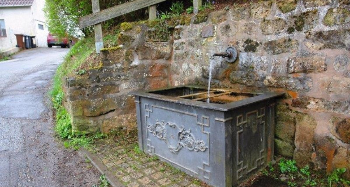 Ein historischer Brunnen mit fließendem Wasser, eingebaut in eine Steinmauer. Der Brunnen hat dekorative Verzierungen., © Bürgerausschuss WHSO