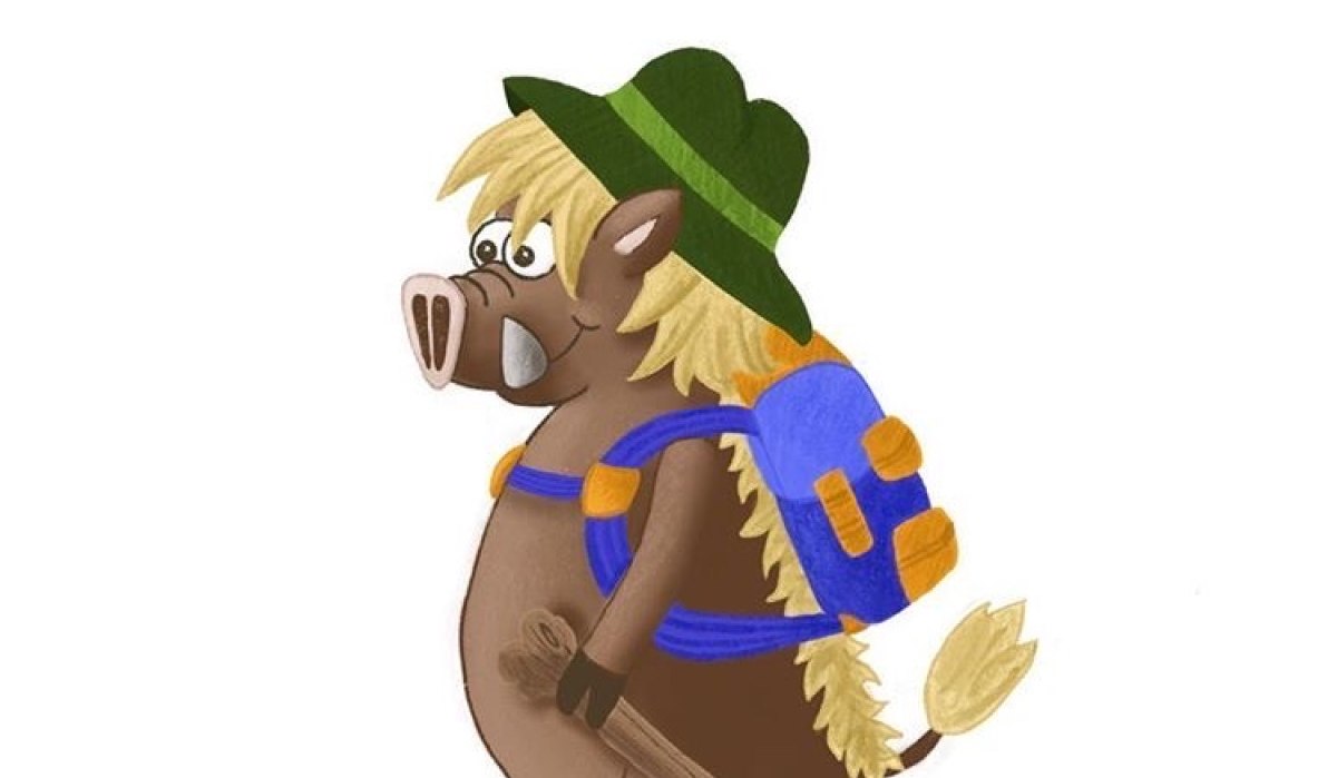 Ein gezeichnetes Wildschwein mit Rucksack und Wanderstock auf einer Wiese. Es trägt einen grünen Hut und hat blondes Haar. Oben steht 'Tausch-Schatz'., © Nördlicher Schwarzwald