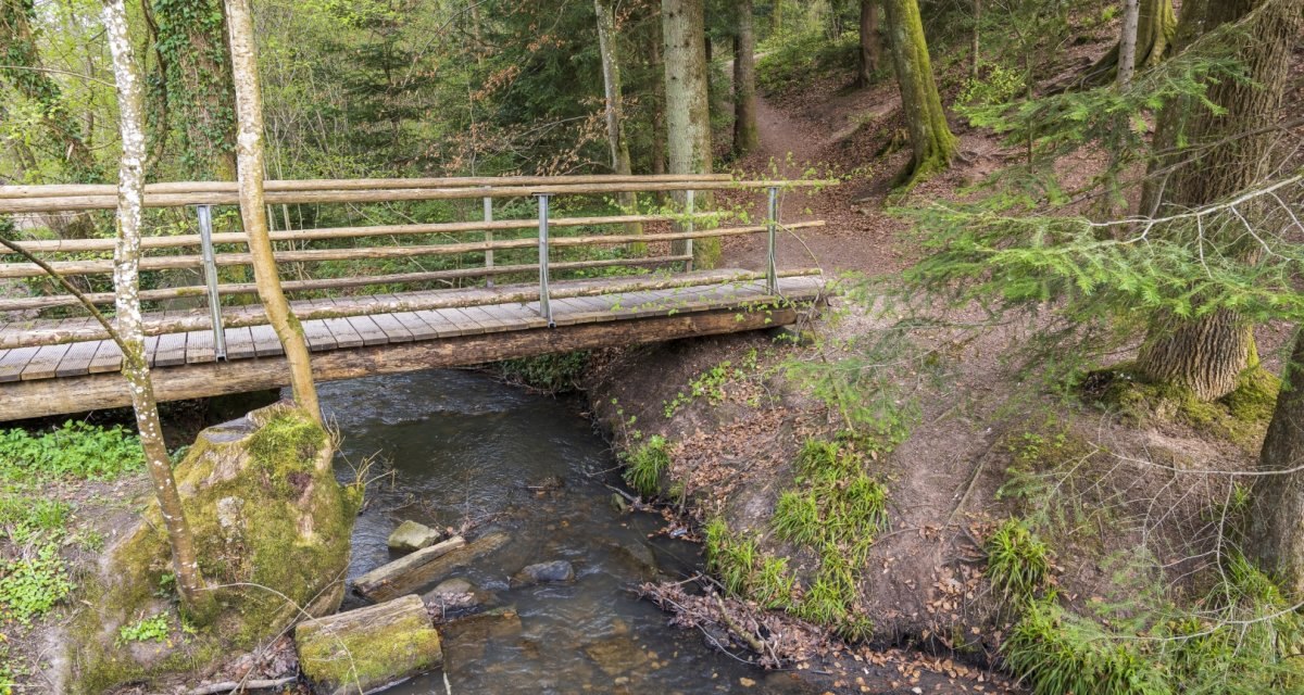 Eine kleine Holzbrücke überquert einen Bach in einem grünen Wald. Der Weg führt in den dichten Baumbestand., © Remstal Tourismus e.V. Eine kleine Holzbrücke überquert einen Bach in einem grünen Wald. Der Weg führt in den dichten Baumbestand., © Remstal Tourismus e.V.
