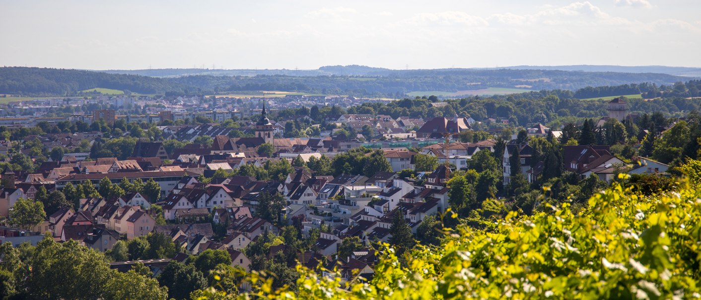 Blick von der Aussichtsplattform Lug auf eine Stadt mit vielen Häusern, umgeben von grüner Landschaft und Hügeln im Hintergrund., © SMG, Achim Mende