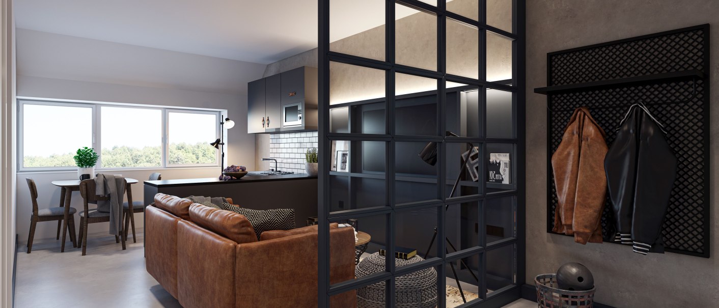 Modernes Loft mit Ledersofa, offener Küche, Esstisch und großen Fenstern. Eine Glaswand trennt den Eingangsbereich mit Jackenaufhängung ab., © CLOUD N°7 LOFTS