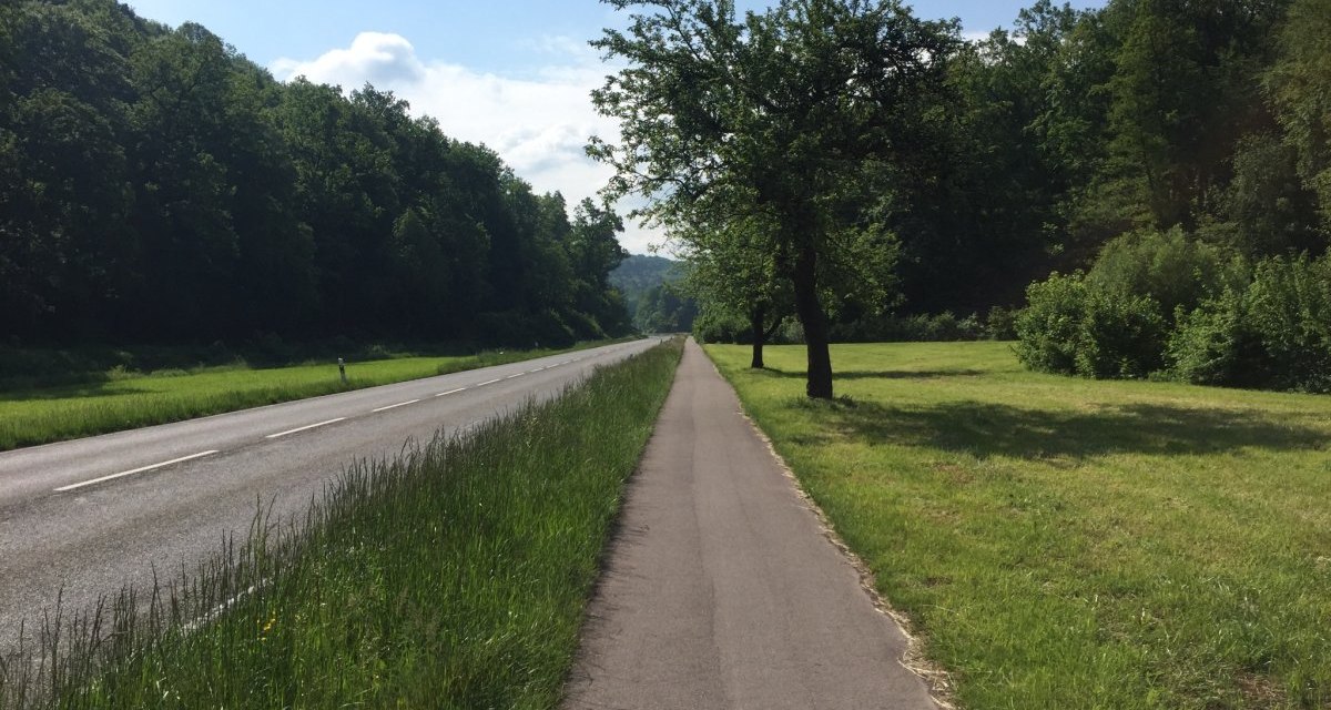 Ein gerader Radweg verläuft parallel zu einer Landstraße, umgeben von grünen Wiesen und Bäumen. Der Himmel ist blau mit wenigen Wolken., © www.pro-cycl.de Ein gerader Radweg verläuft parallel zu einer Landstraße, umgeben von grünen Wiesen und Bäumen. Der Himmel ist blau mit wenigen Wolken., © www.pro-cycl.de