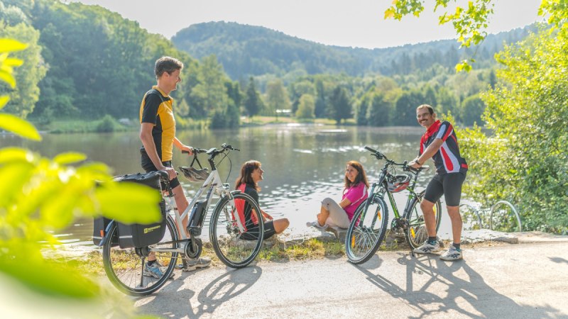 Vier Personen mit Fahrr&auml;dern genie&szlig;en die Natur an einem Seeufer, umgeben von gr&uuml;ner Landschaft und H&uuml;geln., &copy; Landratsamt Rems-Murr-Kreis