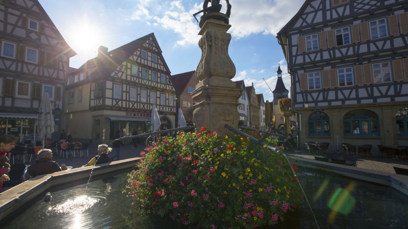 Der Marktbrunnen in Winnenden mit bunten Blumen, umgeben von Fachwerkh&auml;usern. Die Sonne scheint hell und erzeugt Lichtreflexe im Wasser., &copy; SMG, Achim Mende