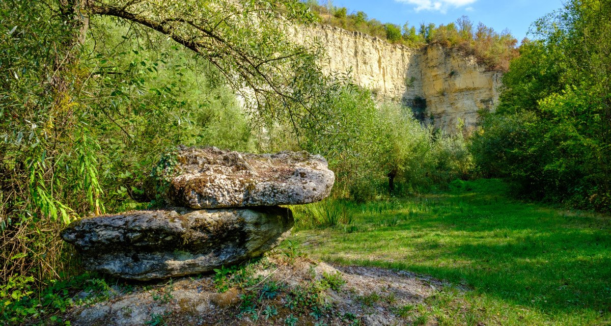 Ein grüner Steinbruch mit üppiger Vegetation, Felsen und Bäumen unter einem klaren blauen Himmel. Ein grüner Steinbruch mit üppiger Vegetation, Felsen und Bäumen unter einem klaren blauen Himmel.