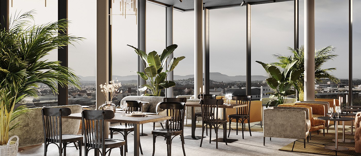 Moderne Skybar mit großen Fenstern, stilvollen Möbeln und Pflanzen. Helle, einladende Atmosphäre mit Blick auf die Stadt., © LOOM Hotel & Skybar Moderne Skybar mit großen Fenstern, stilvollen Möbeln und Pflanzen. Helle, einladende Atmosphäre mit Blick auf die Stadt., © LOOM Hotel & Skybar