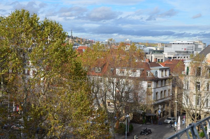 Stadtansicht mit herbstlichen B&auml;umen, roten D&auml;chern und modernen Geb&auml;uden im Hintergrund unter einem bew&ouml;lkten Himmel., &copy; TOMAS