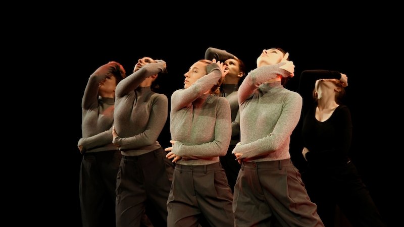 Sechs Tänzerinnen in grauen Outfits posieren synchron auf einer Bühne, ihre Arme über den Köpfen verschränkt., © Tanz- und Theaterwerkstatt e.V.