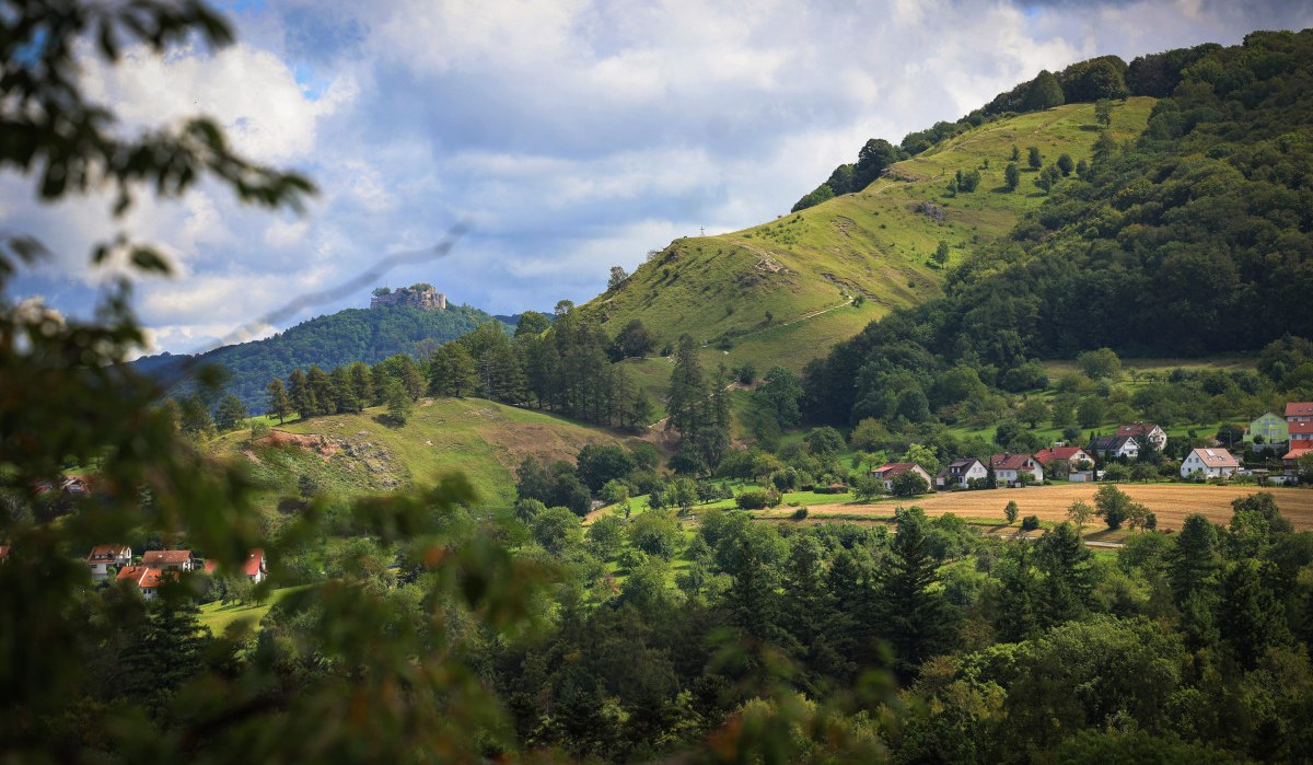 Grüne Hügel mit Bäumen und Häusern, Burgruine auf einem Hügel im Hintergrund, bewölkter Himmel.
