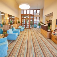 Helle Lobby mit blauen Sesseln, Holzmöbeln und gestreiftem Teppich. Rezeption mit Mitarbeiter, TV an der Wand, Zeitschriftenständer., © TOMAS