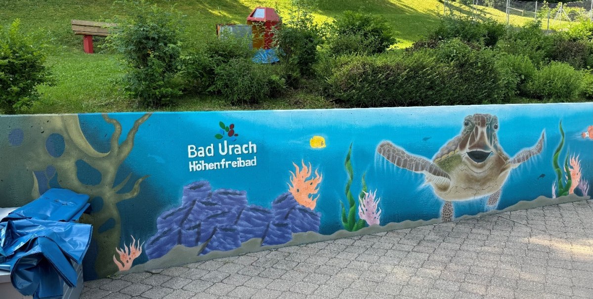 Graffiti im H&ouml;henfreibad Bad Urach zeigt eine Schildkr&ouml;te und Unterwasserlandschaft. Im Hintergrund gr&uuml;ne Wiese und B&auml;ume.