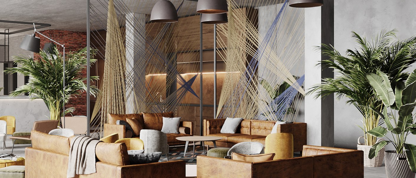 Moderne Empfangshalle mit braunen Ledersofas, großen Pflanzen und dekorativen Fadenvorhängen. Industrieller Stil mit hängenden Lampen., © LOOM Hotel & Skybar Moderne Empfangshalle mit braunen Ledersofas, großen Pflanzen und dekorativen Fadenvorhängen. Industrieller Stil mit hängenden Lampen., © LOOM Hotel & Skybar