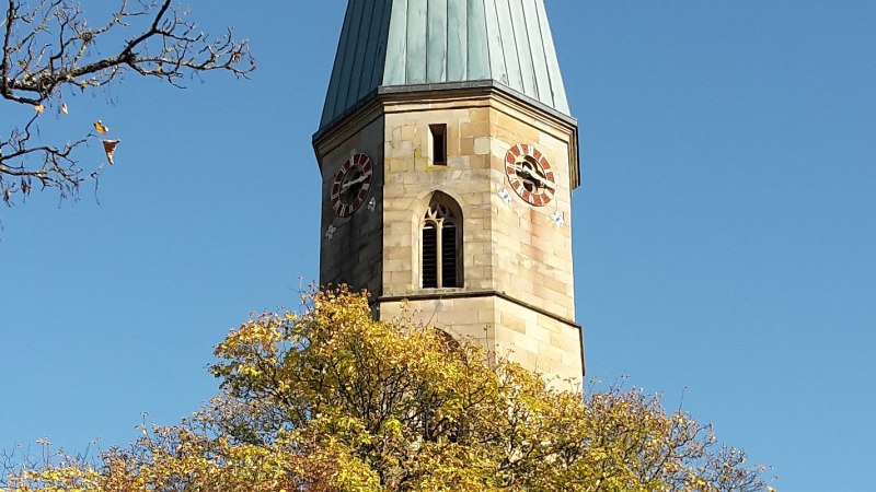 Kirchturm der Stadtkirch - Bildausschnitt mit gotischem Fenster und Turmuhr, im Vordergrund Baumkuppe mit gelbem Herbstlaub, © Petra Natzkowski