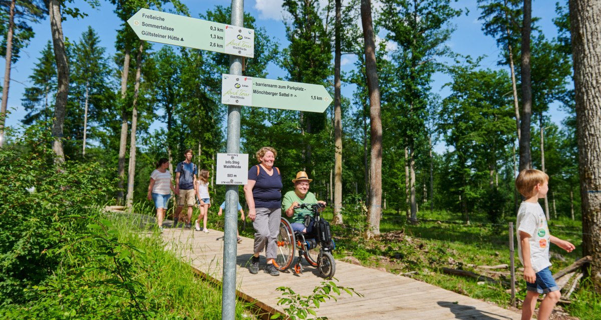 Ein Holzsteg im Wald mit mehreren Personen, darunter eine Person im Rollstuhl. Wegweiser zeigen Entfernungen zu verschiedenen Zielen an.