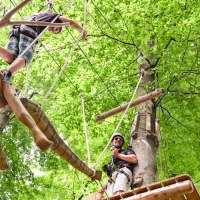 Zwei Personen klettern in einem Hochseilgarten. Eine Person balanciert auf einem Holzsteg, die andere steht auf einer Plattform. Umgeben von grünen Blättern., © Kletterwald Plochingen Zwei Personen klettern in einem Hochseilgarten. Eine Person balanciert auf einem Holzsteg, die andere steht auf einer Plattform. Umgeben von grünen Blättern., © Kletterwald Plochingen