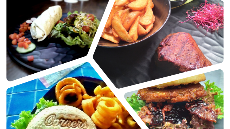 Collage von Gerichten: Wrap mit Salat, Steak mit Kartoffelecken, Burger mit Salat und Pommes. Der Burger hat "Corners" auf dem Brötchen., © Corners Sindelfingen