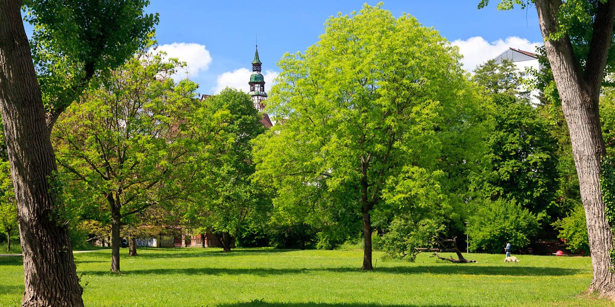 Grüne Wiese mit Bäumen, im Hintergrund ein Kirchturm. Eine Person mit Hund spaziert im Park. Blauer Himmel mit weißen Wolken., © WTM GmbH Fotograf Kai Koepf Grüne Wiese mit Bäumen, im Hintergrund ein Kirchturm. Eine Person mit Hund spaziert im Park. Blauer Himmel mit weißen Wolken., © WTM GmbH Fotograf Kai Koepf