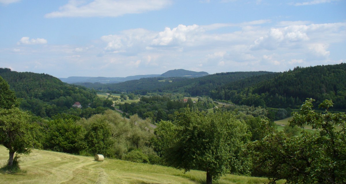 Grüne Wiesen und Bäume erstrecken sich über sanfte Hügel. Im Hintergrund sind bewaldete Hügel und ein blauer Himmel mit Wolken zu sehen., © Remstal Tourismus e.V.