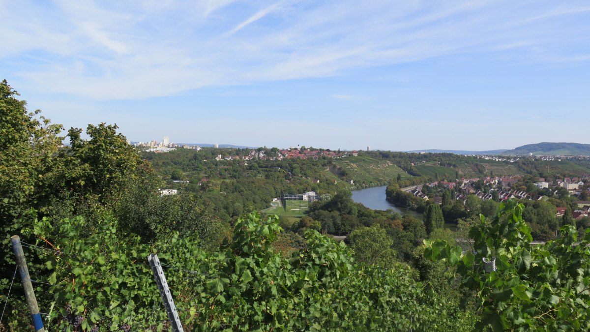 Panoramablick auf den Neckar, umgeben von grünen Weinbergen und Häusern unter blauem Himmel., © Stuttgart-Marketing GmbH Panoramablick auf den Neckar, umgeben von grünen Weinbergen und Häusern unter blauem Himmel., © Stuttgart-Marketing GmbH