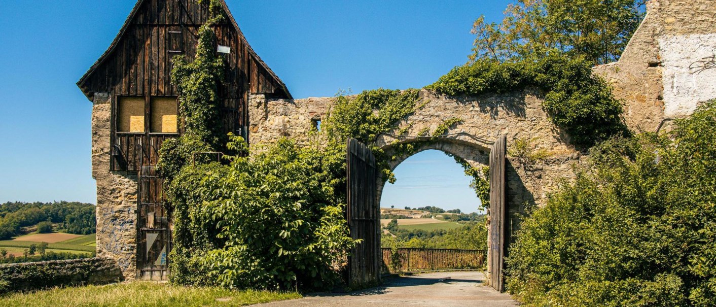 Ein altes Tor mit Holztüren und Steinmauer, überwuchert von Pflanzen. Im Hintergrund ist eine weite Landschaft zu sehen., © Stuttgart-Marketing GmbH, Sarah Schmid Ein altes Tor mit Holztüren und Steinmauer, überwuchert von Pflanzen. Im Hintergrund ist eine weite Landschaft zu sehen., © Stuttgart-Marketing GmbH, Sarah Schmid