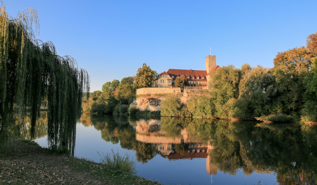Die Rathausburg Lauffen am Neckar spiegelt sich im ruhigen Fluss. Umgeben von Bäumen und blauem Himmel, wirkt die Szene idyllisch und friedlich., © Ulrich Seidel Die Rathausburg Lauffen am Neckar spiegelt sich im ruhigen Fluss. Umgeben von Bäumen und blauem Himmel, wirkt die Szene idyllisch und friedlich., © Ulrich Seidel