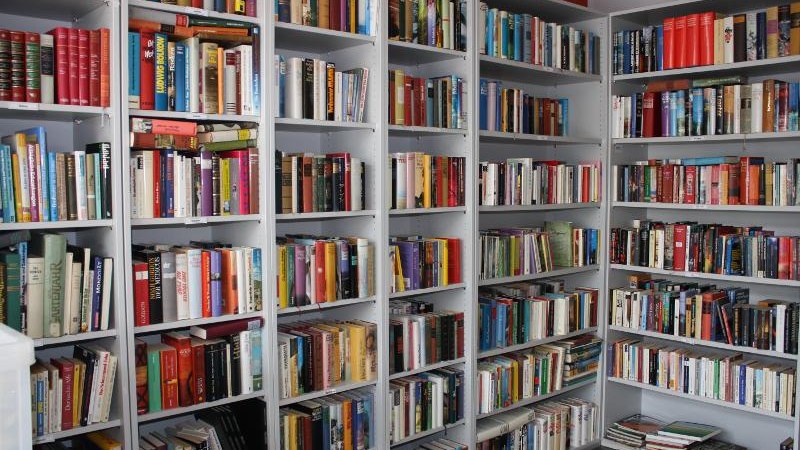 Ein Raum mit mehreren weißen Bücherregalen, die dicht mit bunten Büchern gefüllt sind. Der Boden ist dunkel, die Wände sind teils rot., © MGBH Pliensauvorstadt