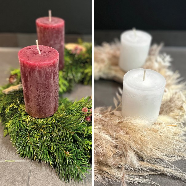 Zwei Adventskränze: links mit roten Kerzen und Tannenzweigen, rechts mit weißen Kerzen und getrockneten Gräsern dekoriert., © Mercedes-Benz AG Zwei Adventskränze: links mit roten Kerzen und Tannenzweigen, rechts mit weißen Kerzen und getrockneten Gräsern dekoriert., © Mercedes-Benz AG