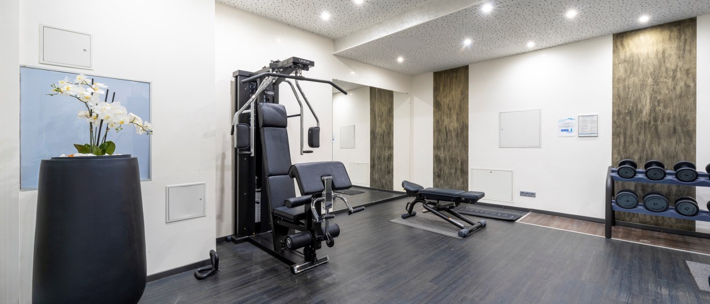 Ein moderner Fitnessraum mit Trainingsgeräten, Hanteln und einem großen Spiegel. Eine Vase mit weißen Blumen steht dekorativ im Raum., © Plaza Residence Stuttgart-Ditzingen Ein moderner Fitnessraum mit Trainingsgeräten, Hanteln und einem großen Spiegel. Eine Vase mit weißen Blumen steht dekorativ im Raum., © Plaza Residence Stuttgart-Ditzingen