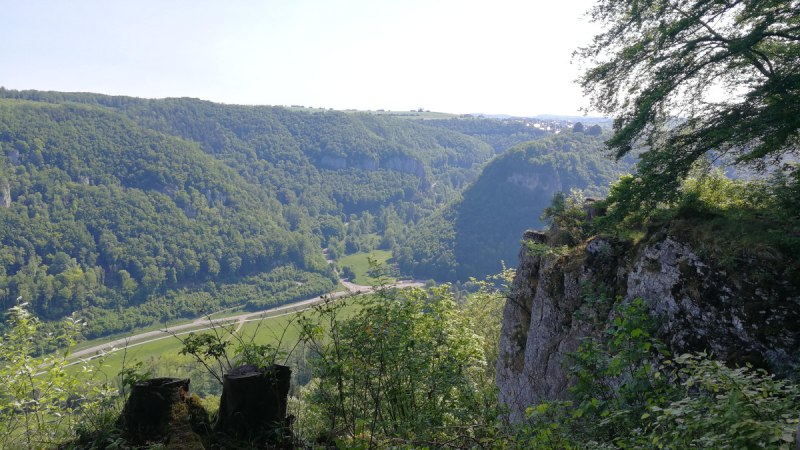 Blick von einem Felsen auf ein grünes, bewaldetes Tal mit einer Straße. Im Vordergrund sind Baumstümpfe und Büsche zu sehen., © Bad Urach Tourismus