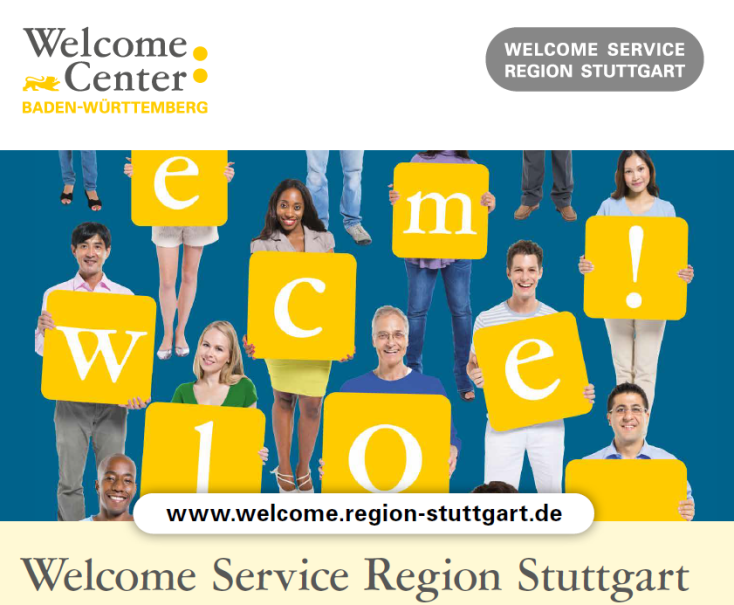 Menschen halten gelbe Schilder mit Buchstaben, die "Welcome!" buchstabieren. Oben steht "Welcome Center Baden-Württemberg" und "Welcome Service Region Stuttgart"., © Foto © Rawpixel/Fotolia.com
