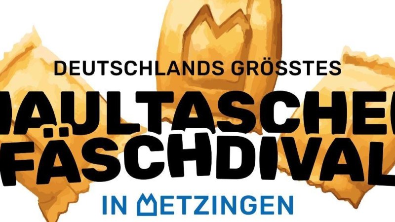 Logo des Maultaschen-F&auml;schdivals in Metzingen mit Maultaschen-Grafik und Schriftzug 'Deutschlands gr&ouml;&szlig;tes Maultaschen-F&auml;schdival'.
